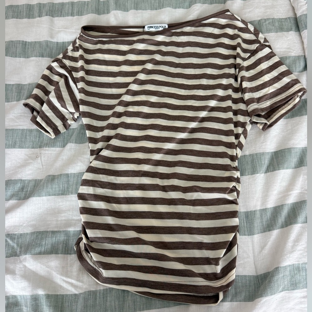 Princess Polly Brown and Cream Striped Short Sleeve Tee